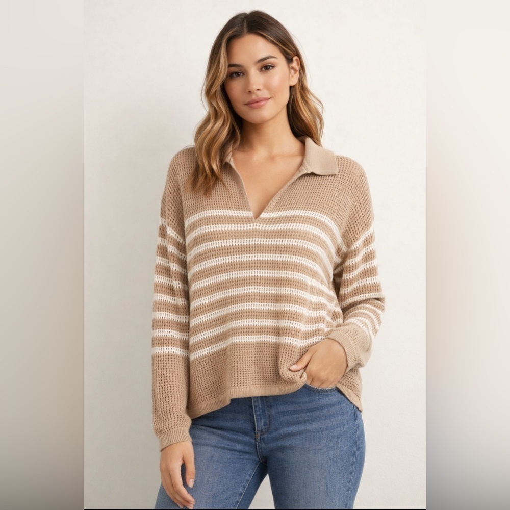 Gap Striped Cotton Crochet Sweater Medium Coastal Beach Preppy Nautical Neutral